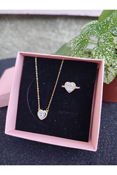Sepetten Eve Çelik Kalpli Gold Kalpli Taşlı Kolye Kalpli Pandora,s Yüzük Takım