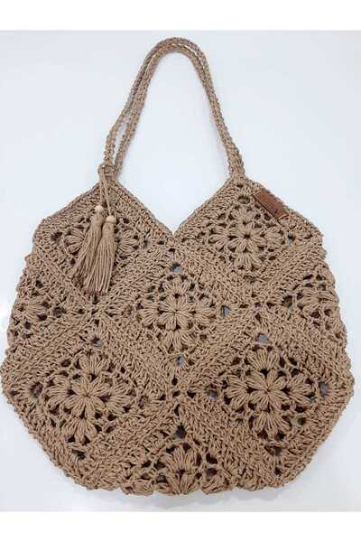zümal tekstil tasarım Straw Colored Design Motif Women's Shoulder Bag - Hand Knitted Paper Thread