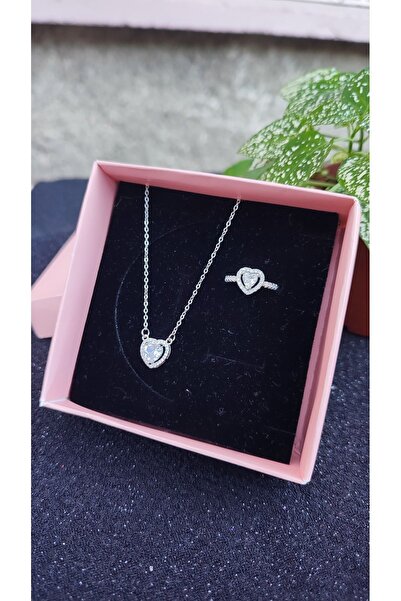 Sepetten Eve Çelik Gümüş Kalpli Taşlı Kolye Kalpli Pandora,s Yüzük Takım