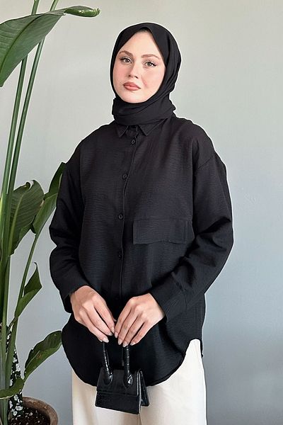 InStyle Cămașă neagră casual - un singur buzunar