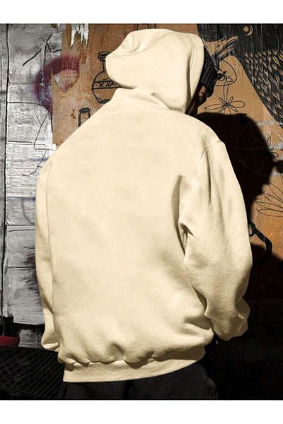 aynewmoda Ecru Oversize Hooded Zippered Sweatshirt - Mountain Printed