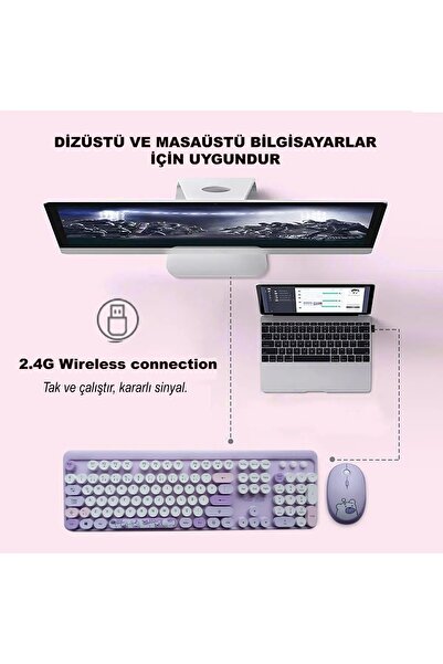 Mofii Sevimli Ayıcık Desenli Kablosuz Klavye & Mouse Set - Türkçe, Renkli ve Yuvarlak Tuşlar !