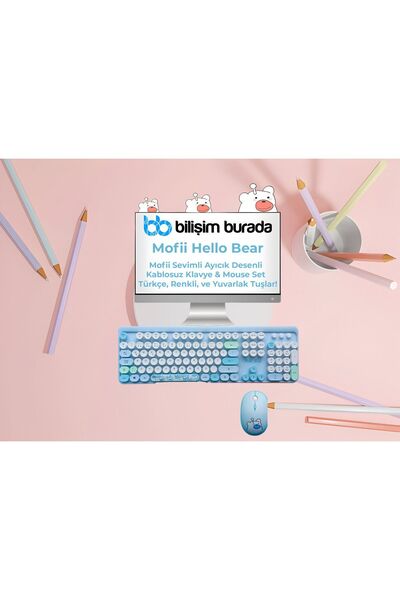 Mofii Sevimli Ayıcık Desenli Kablosuz Klavye & Mouse Set - Türkçe, Renkli ve  Yuvarlak Tuşlar !