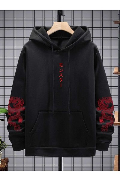 aynewmoda Японски надпис дракон - черен суитшърт с качулка и цип, голям размер