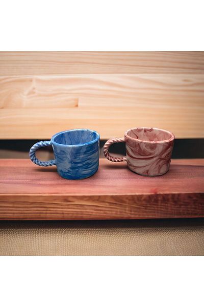 İZart Pack of 2 Knitted Handles Marbled Patterned Hand Embroidered Ceramic Mug