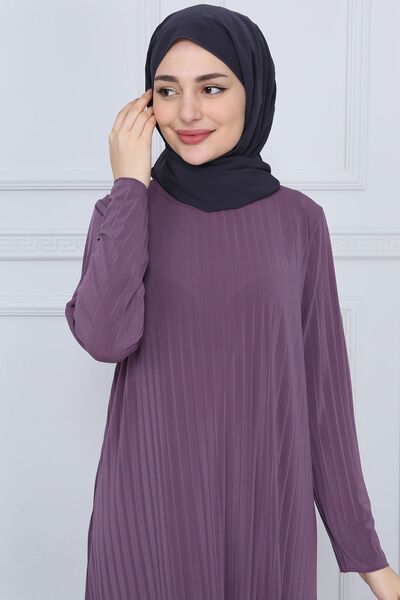 ilmek Women's Dried Rose Trousers Hijab Tunic Pleated Sandy Double Set 5219