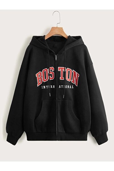 MANCY Unisex Siyah Boston Baskılı Hırka Ceket
