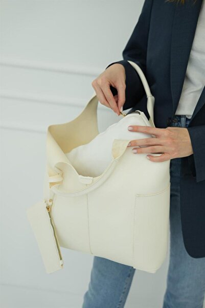 Madamra Off-White Women's Bag with Hand and Shoulder Carrying Option - Side Pocket and Wallet Detail