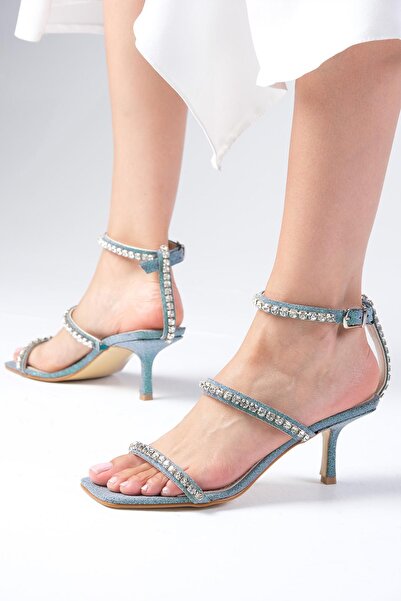 Mio Gusto Crystal Genuine Leather Green Color Women's Heeled Evening Dress Sandals Shoes