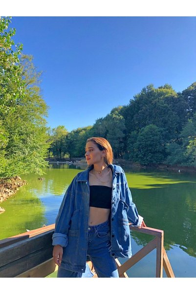 Qeysa Women's Light Blue Vintage Oversize Denim Jacket