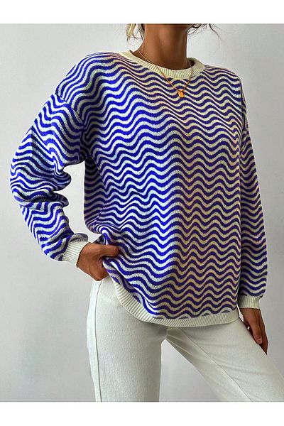 AQE FASHION Pulover de tricotaj cu model ondulat cu gât crew SAKS BLUE
