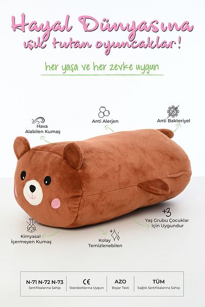 Pufu Toys Plush Toy Pillow with Teddy Bear Figure Soft and Cute 40 cm Roll Brown Plush Toy