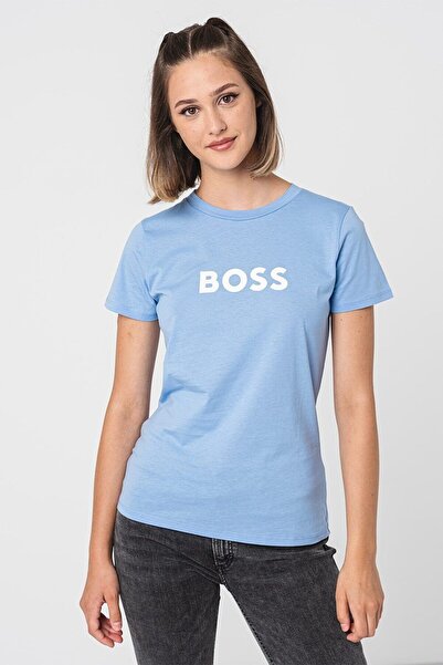 BOSS Kadın Marka Logolu Kısa Kol Yuvarlak Yaka Mavi T-Shirt 50501139-436