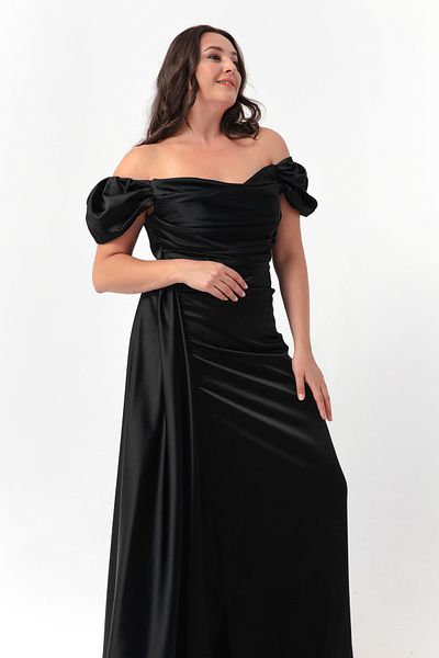 Lafaba Women's Black Boat Neck Trained Long Satin Evening Dress & Graduation Dress