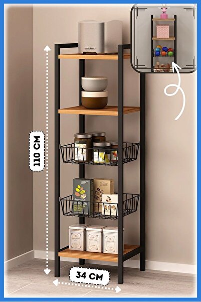 Genel Markalar Polina Tel Sepetli Çok Amaçlı Mutfak Dolabı, Siyah Metal Ayakl...