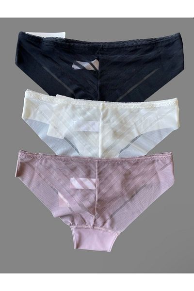 F.K Laser Cut Comfortable Molded 3 Pieces Mink White Black Panties - Tulle Detailed
