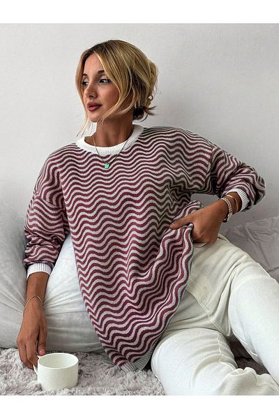 AQE FASHION Пуловер с кръгло деколте и вълнообразен трикотаж, цвят КАНЕЛА