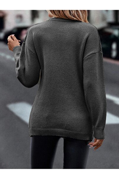 AQE FASHION Double Breasted Neckline Patterned Braided Knitwear Sweater Tunic ANTHRACITE