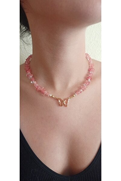 Mudita Tasarım Pembe Kelebekli Kuvars Kolye