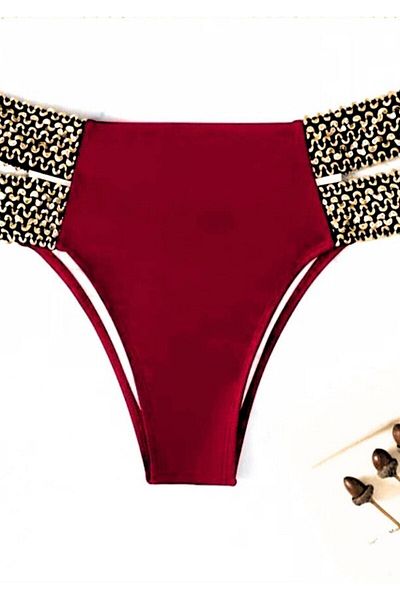 sayina Burgundy Embroidery Detailed High Waist Lined Stylish Women's Bikini Bottom
