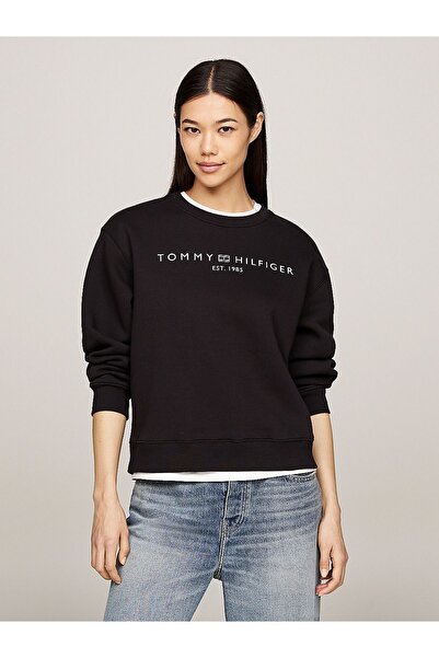 Tommy Hilfiger Kadın Marka Logolu Uzun Kollu Rahat Siyah Sweatshirt WW0WW39791-BDS