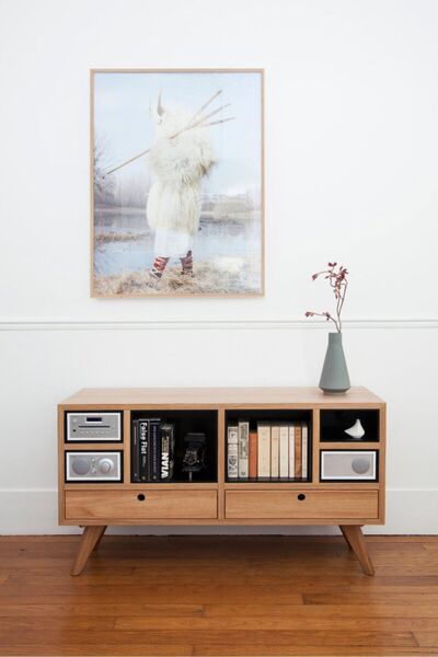 Wildwood atolye Ahşap çift çekmeceli açık raflı vintage konsol