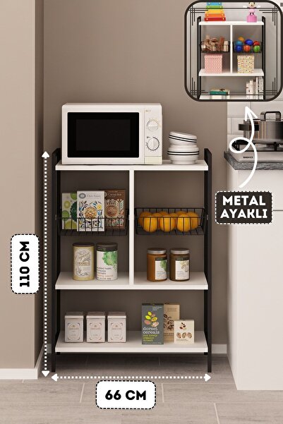 Fly Mobilya Tel Sepetli Çok Amaçlı Mutfak Dolabı, Siyah Metal Ayaklı Beyaz Er...