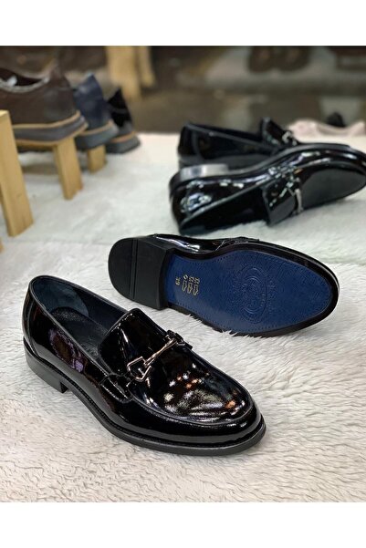 Parlak Siyah Rugan Hakiki Deri Erkek Klasik Kundura