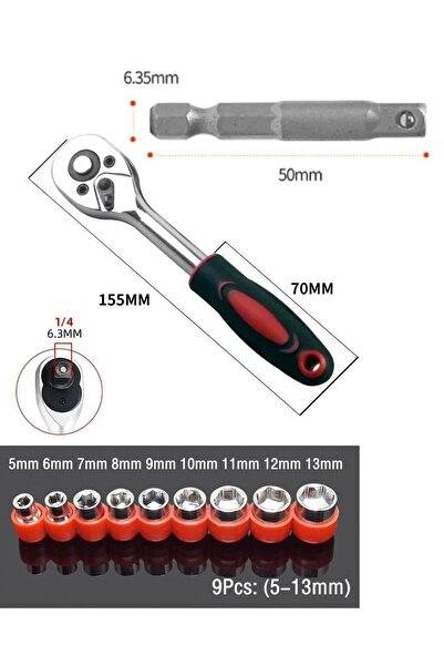 Depolife Cırcır Kollu 9 parçalı Lokma seti ve Matkap adaptörü 1/4 soket Lokma Takımı cır cır anahtar kolu