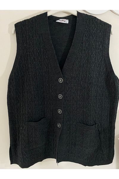 sinankardeşler Smoke Colored - Large Size Women's Knitwear Vest with Pockets and Buttons