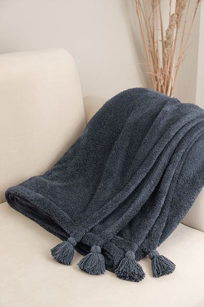Denizli Concept Anthracite Tassel Puffy Wellsoft Blanket - Soft Tv & Bed - 160X200Cm