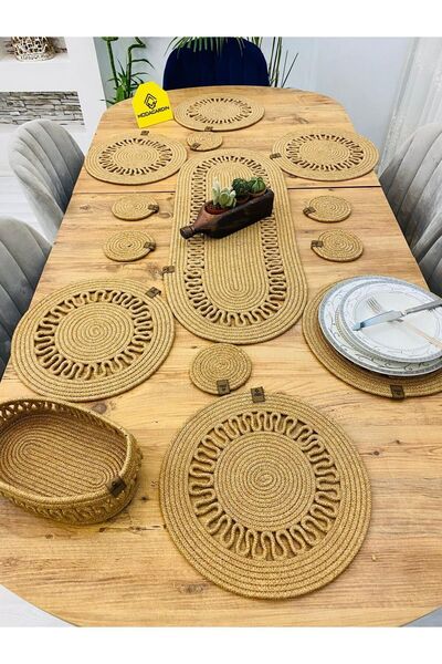 JÜTEX HOME 14-Piece Jute Straw Placemat Set - Runner, Basket and Cup Holder