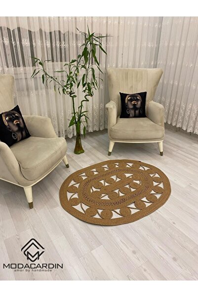 JÜTEX HOME jüt Hasır görünümlü Desenli Modern El Örgüsü oval Halı Kilim