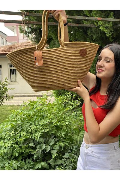 JÜTEX HOME Geantă de plajă și de umăr - Geantă de mână cu aspect de paie de iută