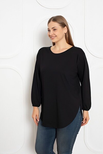 Trendbade Butik Μαύρη μπλούζα με μακρυμάνικο σκίσιμο μεγάλου μεγέθους (λεπτή).