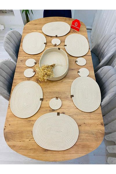 JÜTEX HOME Placă ovală din răchită din iută 13 bucăți - Coaster și coș american de serviciu