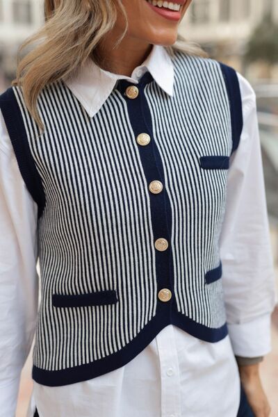 Lusin Преміум жіночий трикотажний светр-жилет у смужку - темно-синій