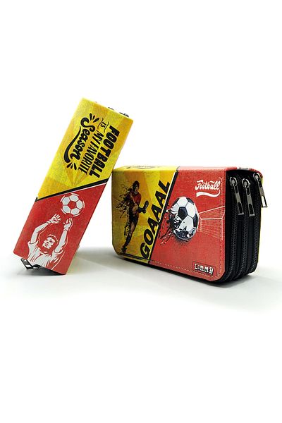 Limmy Pencil Case Yellow-Red Fan Organizer Pencil Case Vegan Leather Three Compartment Pen Holder