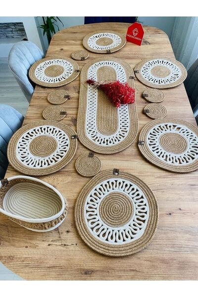 JÜTEX HOME 14-Piece Jute Straw Placemat Set - Runner, Basket and Cup Holder