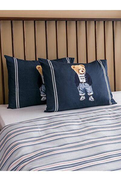 LC Waikiki Ayıcık Teddy Baskılı Lacivert Çizgili Çift Kişilik Pike Seti