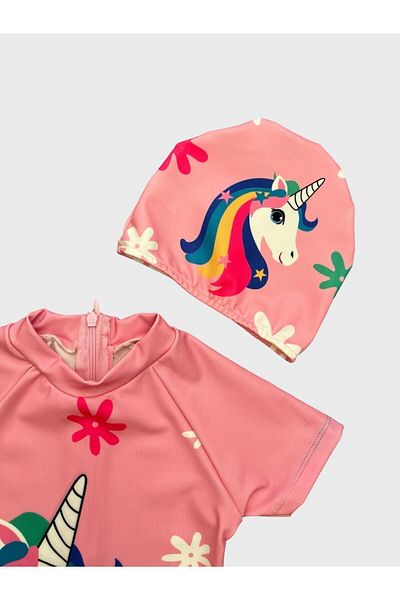 Fil Kids Pink Unicorn Patterned Girl's Short Sleeve and Bonnet Swimsuit
