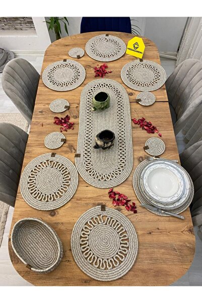 JÜTEX HOME Set de 14 suporturi americane din răchită din iută - alergător, co...