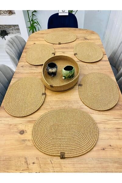 JÜTEX HOME Set de 7 plăci ovale și coșuri din răchită din iută