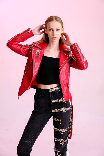 DIVALORE Strass Stoned Biker Rock Genuine Leather Women's Leather Jacket