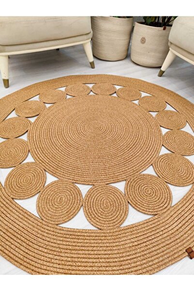 Jute Straw Look Patterned Modern Handmade Circle Carpet Rug