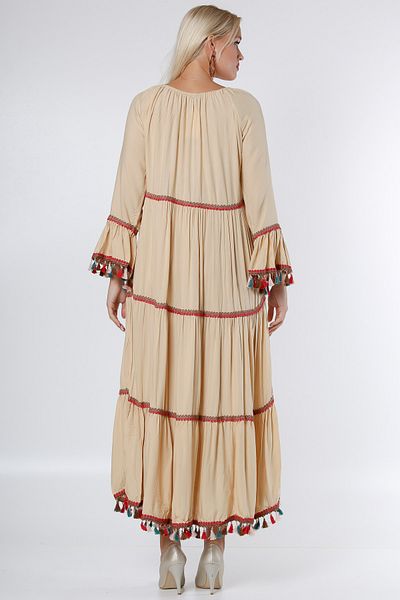 Chiccy Beige U-Neck Oversize Woven Dress with Tassels on Sleeves and Hem
