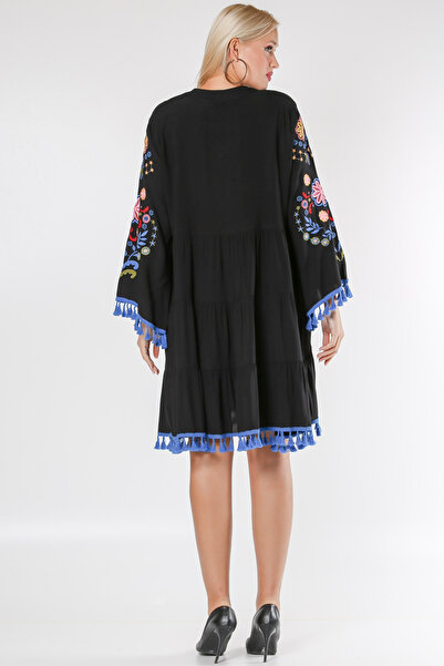 Chiccy Black High Collar Buttoned Embroidered Woven Dress with Tassels on Sleeves and Hem