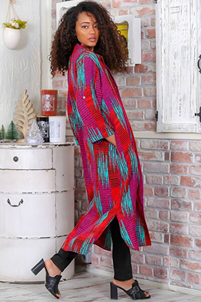 Chiccy Women's Red Stripe Patterned Buttoned Pocket Sleeve Adjustable Long Woven Jacket M10210100CE98809