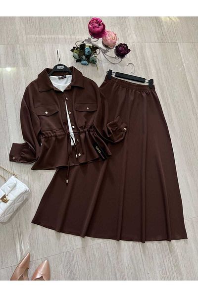 Zümrüt Copy - Waist Tie Shirt Collar, Double Pocket Skirt Suit 1659