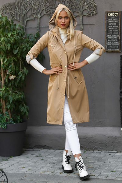 Chiccy Women's Beige Hooded Long Sleeve Pocket Lined Gathered Midi Oversize Casual Woven Trench Coat